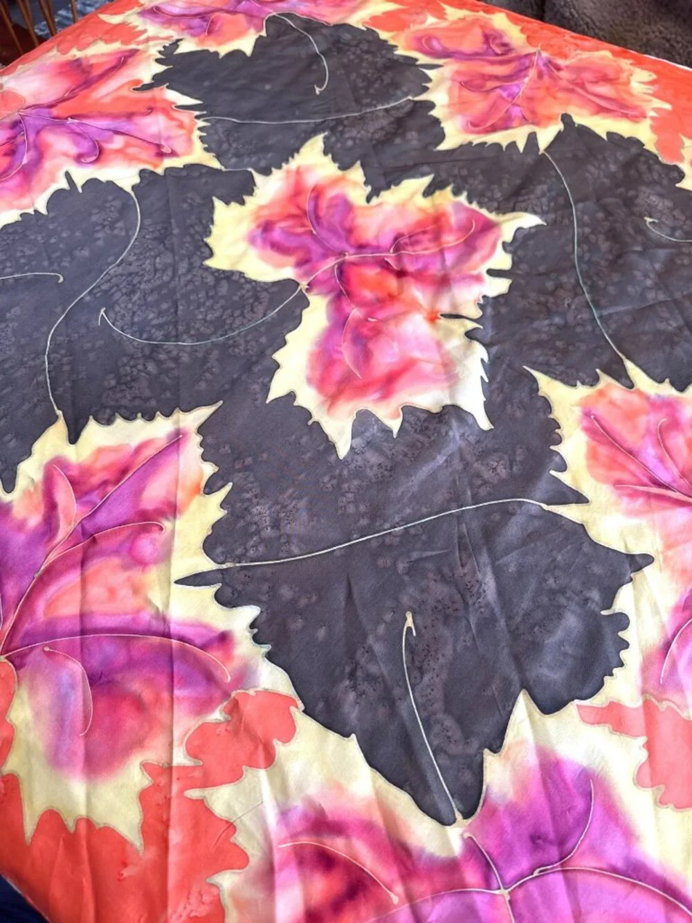 Vibrant Square Leaf Black Orange Pink Silk Scarf Spring Summer Fall